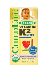 Child Life Organic Vitamin K2 Drops box with berry flavor, promoting children's bone health and calcium transport.